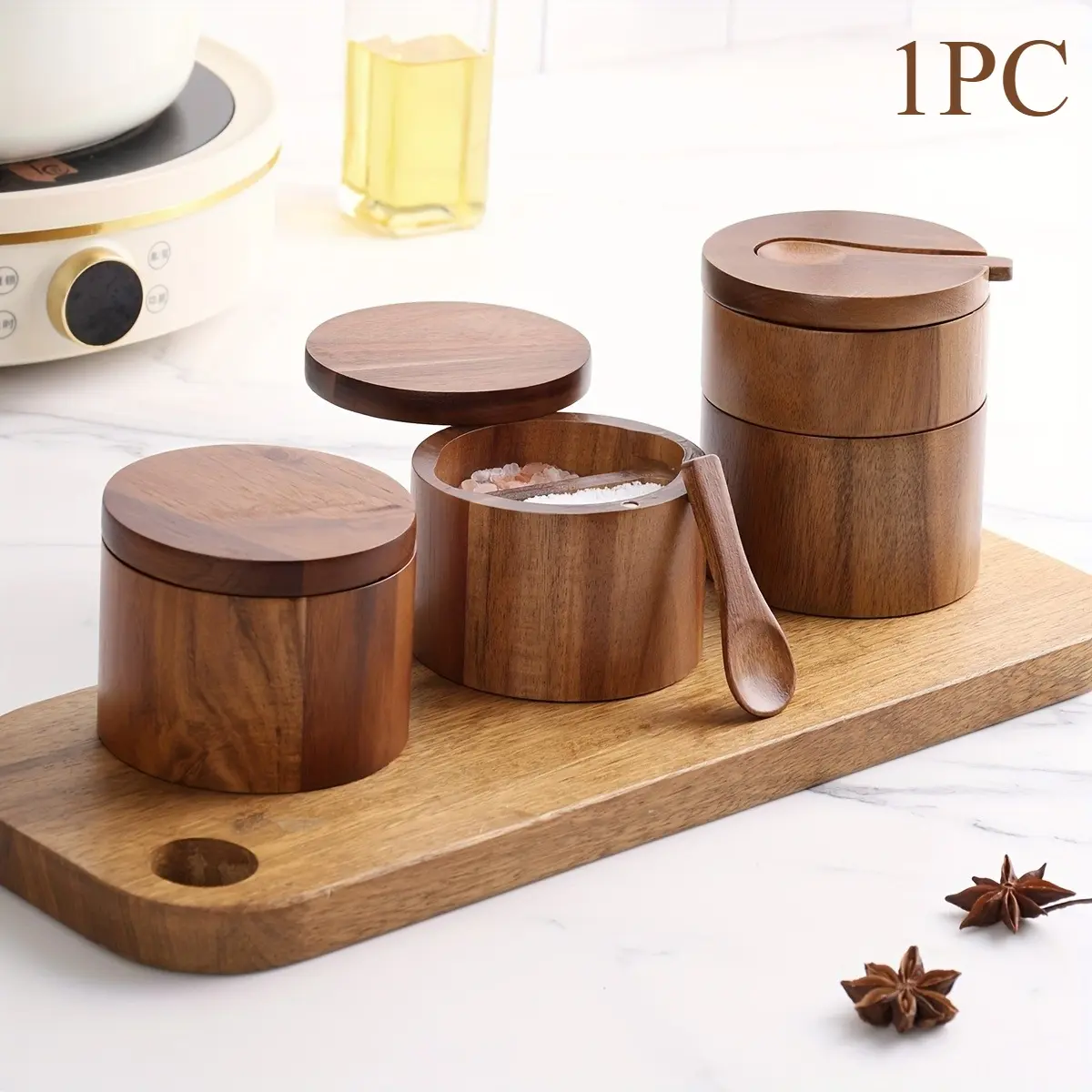 Solid Acacia Wood Salt Cellar | Natural Kitchen Seasoning Jar, Seasoning Containers – Pepper & Spice Storage Box