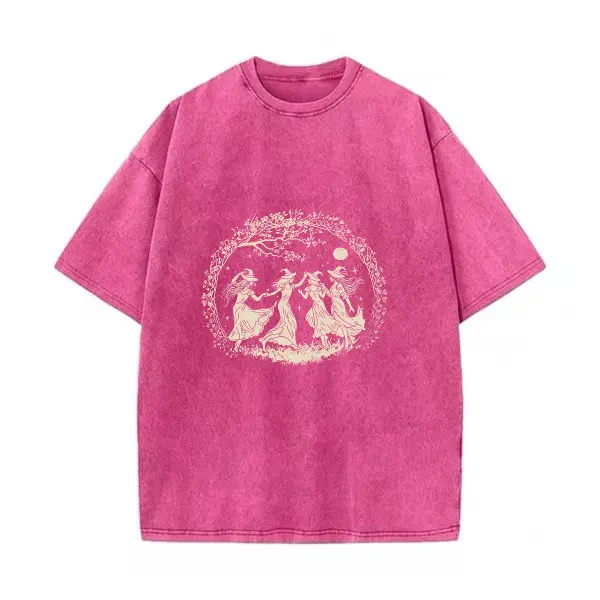 Vintage Washed T-Shirt, Dancing Witches Full Moon Floral Wreath Graphic Tee, Dark Cottagecore Witchy Celestial Oversized Casual Top for Women