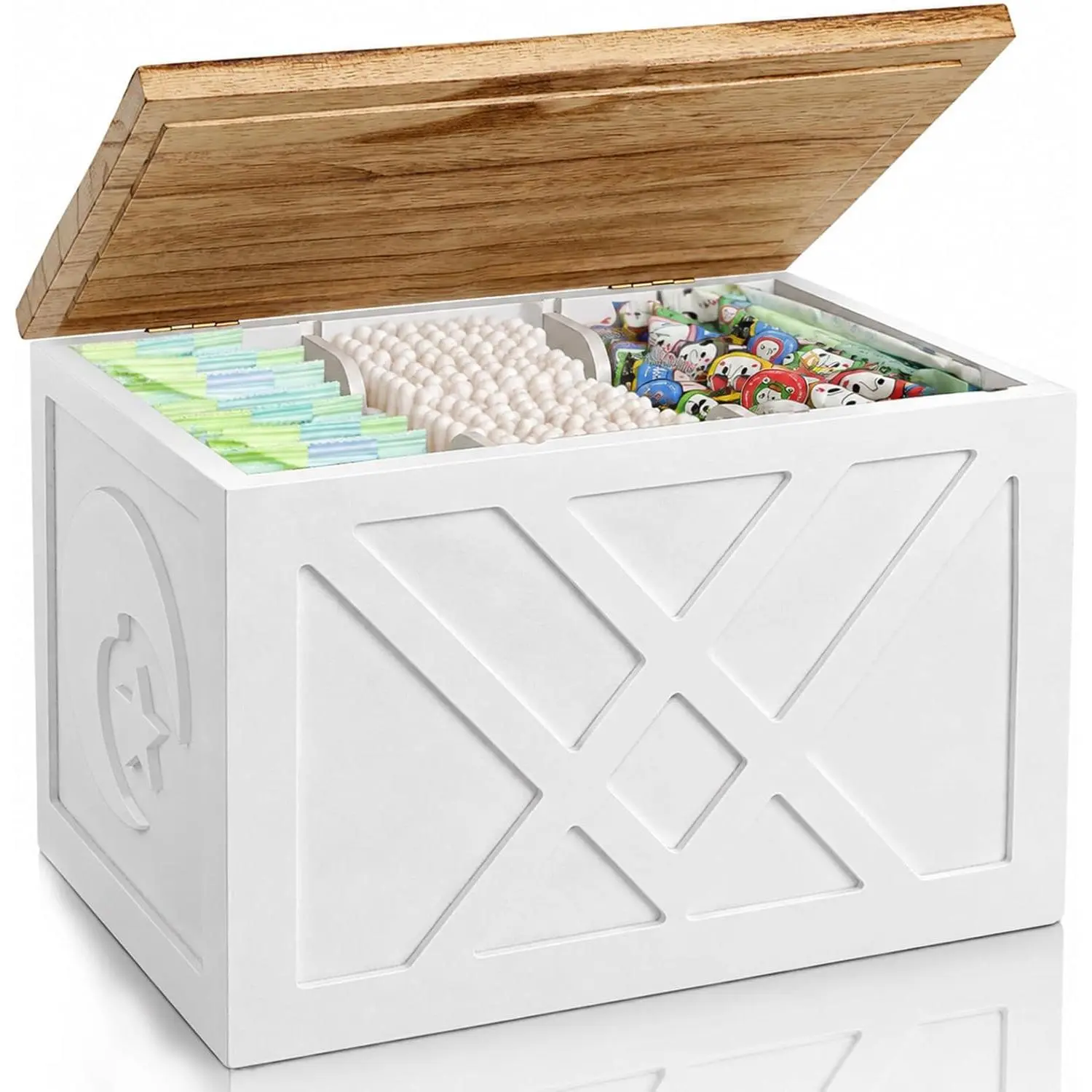 Minimalist Wooden Tampon Holder with Lid, Non-Slip Pad, Carved Details - Compact Home Organizer for Daily Use, Gift Ideas for Countertop Storage (White), Simple Wood