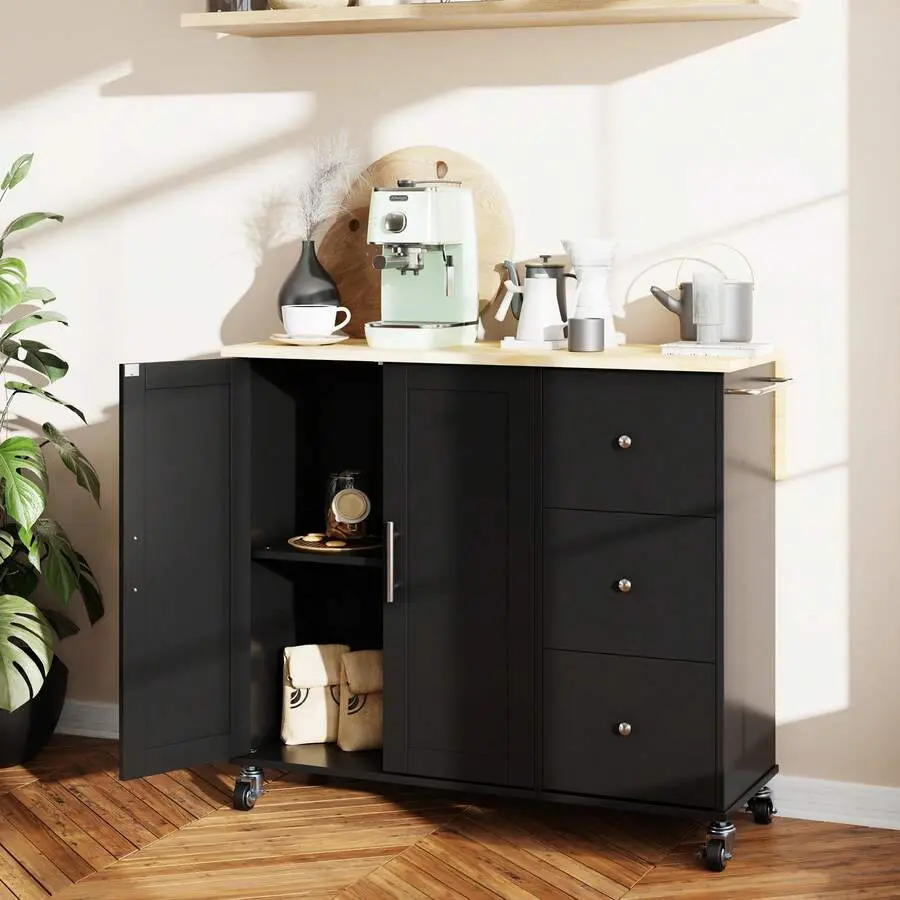 Island With Storage, Island On Wheels With Drop Leaf, Open Spice Rack Shelf, Door Cabinet, Drawer, Cart Island Table