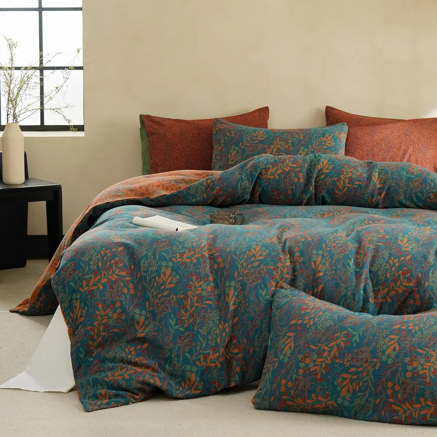 Muslin Duvet Cover Set , 3 count Yarn-Dyed Jacquard Textured Reversible Floral Design, Soft and Breathable Bedding Set with Zipper Closure, Blue Orange