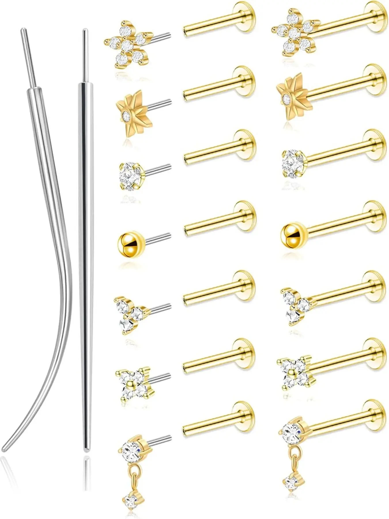 16 Pcs Threadless Flat Back Earrings Studs 20G Surgical Steel Push in Nose Studs Rings Helix Pierced Ring Cartilage Helix Tragus Conch Lip Labret Medusa CZ Nostril Piercing Jewelry for Women Gold Tone