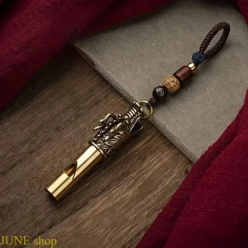 Brass Survival Whistle with Traditional Chinese Motif, Ultra-Compact Outdoor Emergency Signal Keychain Pendant, Cultural Art Fashion Accessory with Lanyard for Everyday Use