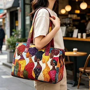 Bohemian-style African woman portrait print tote bag; large-capacity quilted duffel with vintage color-block design; ideal for short trips or the gym.