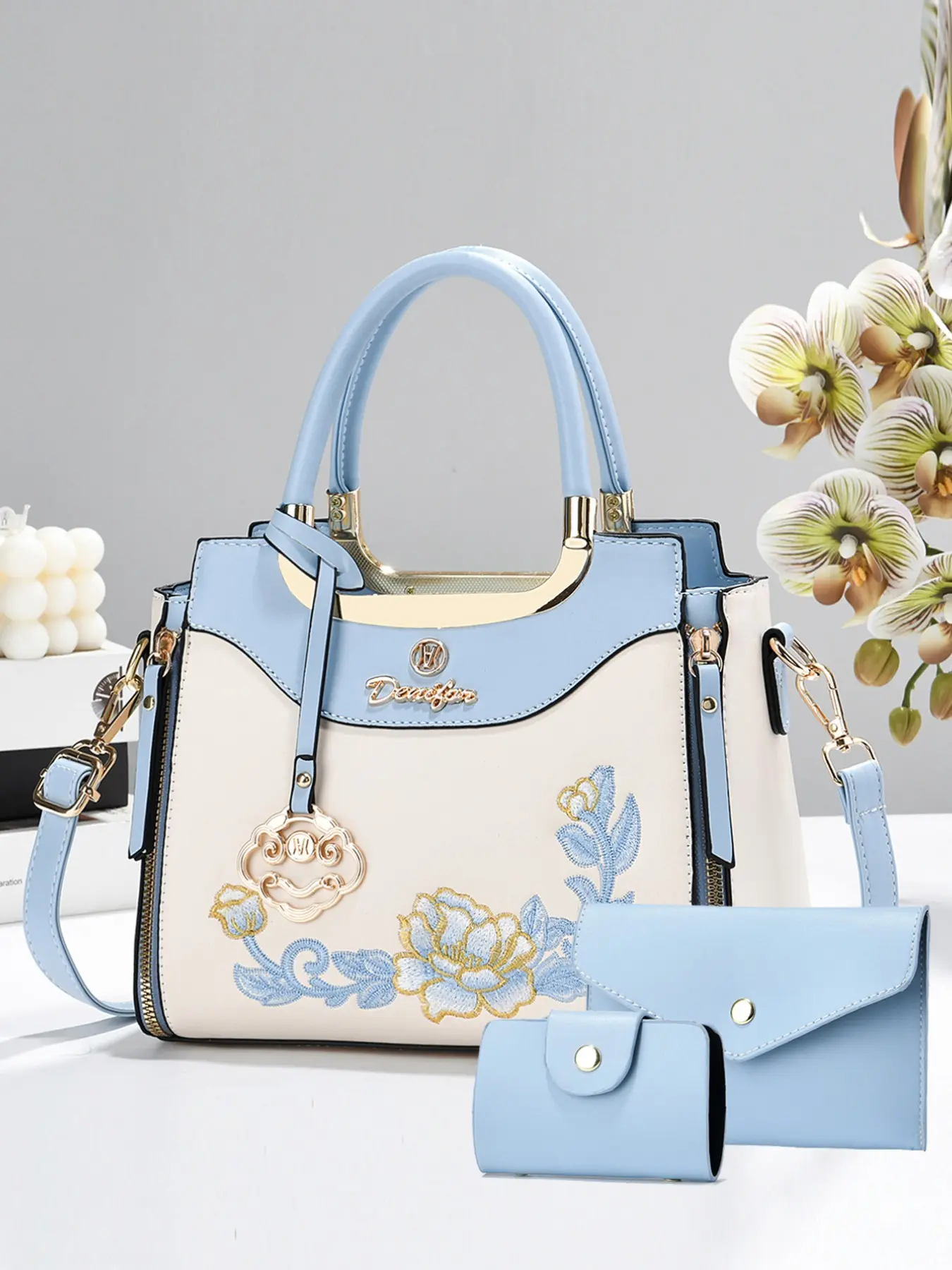 Women's Peony Embroidery Three-Piece Tote Bag Set, Colorblock Leather Cover, Detachable Adjustable Shoulder Strap, Envelope Wallet & Card Holder