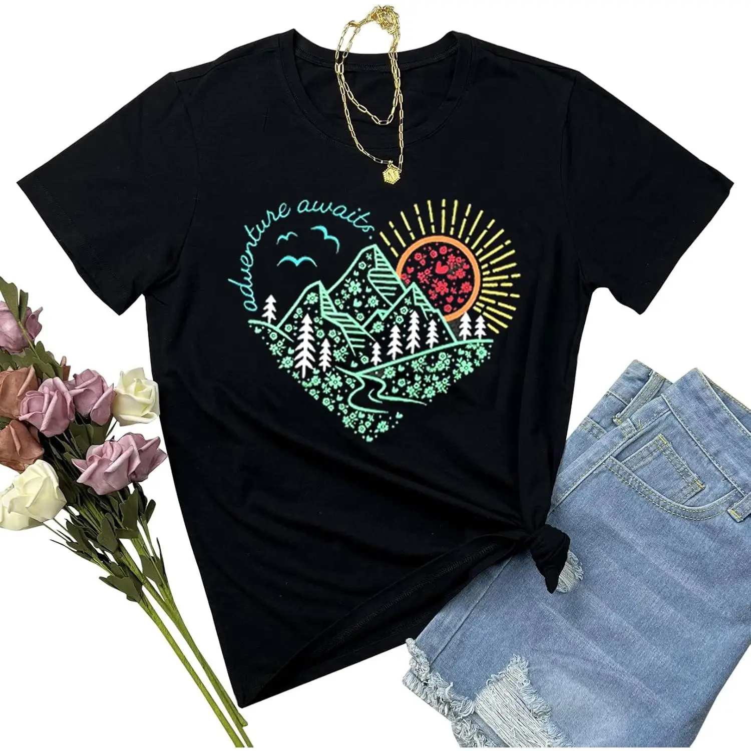 Adventure Awaits Heart Landscape T-Shirt - Nature Lover Graphic Tee