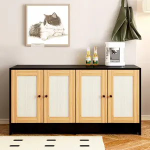 Aobtkel®Double Litter Box Enclosure,Cat Litter Box Enclosure for 2 Cats, Hidden Litter Box Furniture with Rattan Doors, 47" L x 19.8" W x 21.8" H,Black    RR