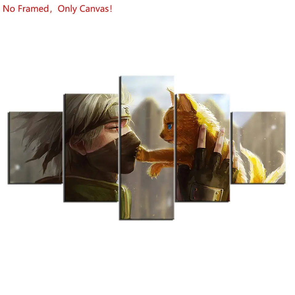 5 piece/set of frameless canvas painting print poster, classic hot-blooded anime art,Kyūbi and Kakashi , very suitable for Japanese two-dimensional fans, the perfect gift for bedroom, living room, kitchen, dormitory corridor, mural, wall decoration
