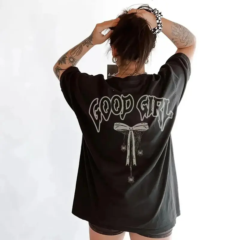Women's Gothic Oversized Grunge Graphic Top - "Good Girl" Print, Spider Web Aesthetic, Lightweight Cotton Casual Garment for Sports & Outdoor Wear