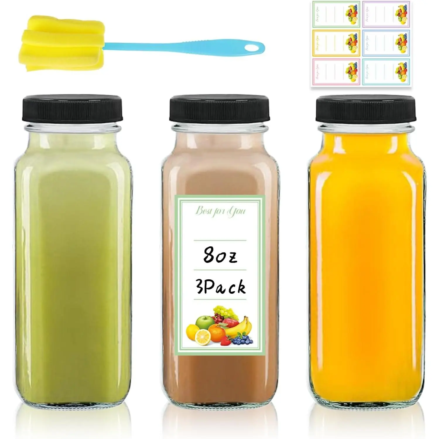 3 Pack 8oz Glass Juice Bottles with , 250ml  Glass Juicing Bottles, Square Drinking Jars Drink Containers with Caps for Water, Milk, Ginger, Kombucha, Beverages