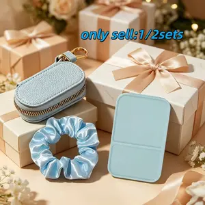 PU Leather Folding Makeup Mirror, Keychain, Satin Hair Tie, Portable HD Handheld Mirror, Elegant Beauty Tool, Perfect Gift for Weddings, Holidays