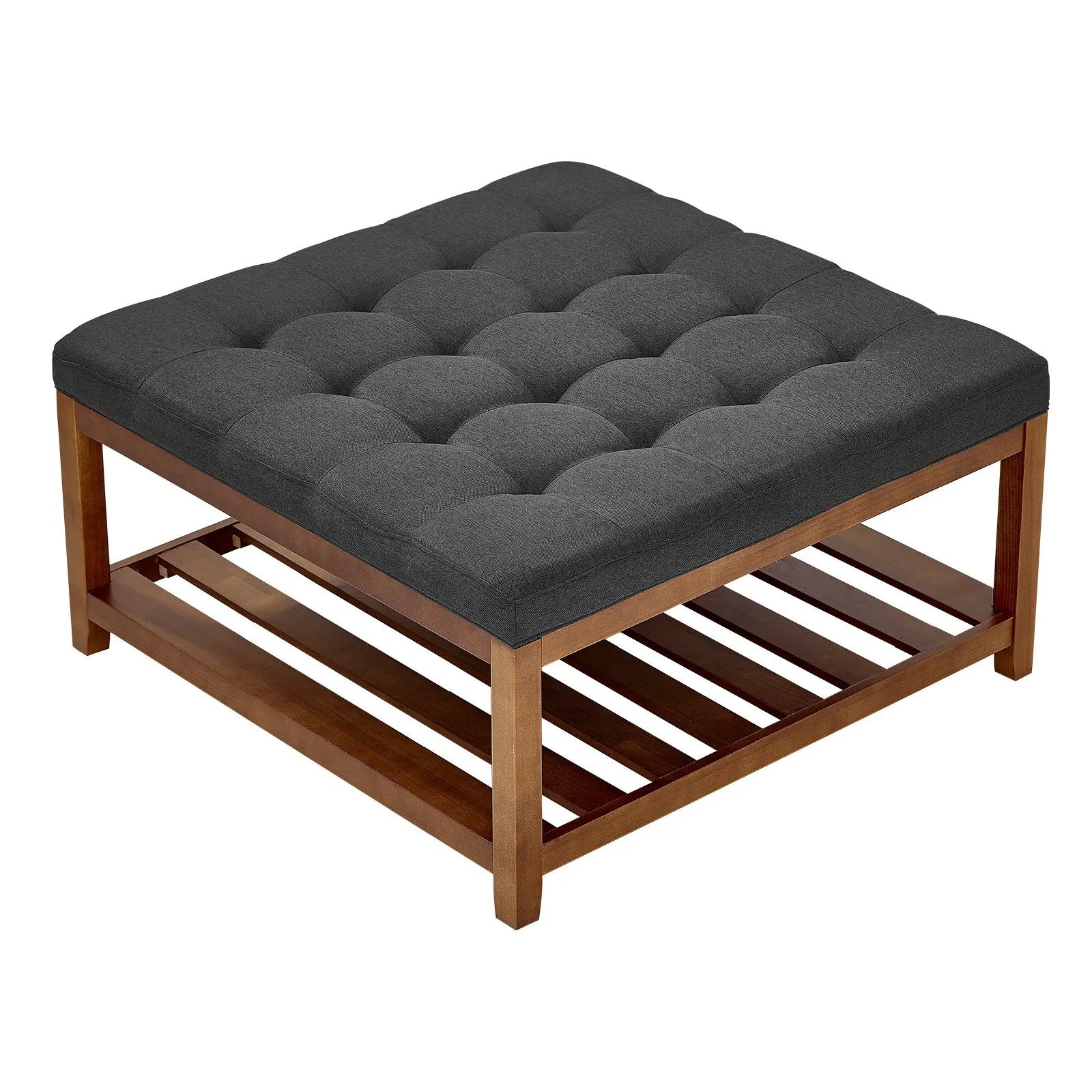 【DealsForYouDays】VEVOR Large Square Ottoman Coffee Table, 34.5 Inch Tufted Coffee Table with Solid Wood Shelf Storage, Linen Solid Upholstered Footrest Ottoman for Bedroom Living Room, 400 LBS, Dark Gray