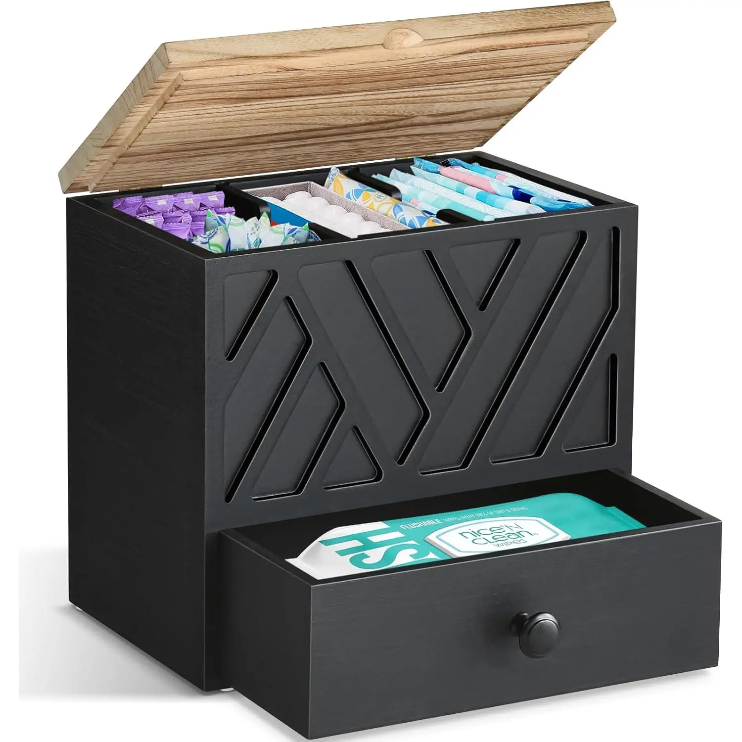 Tampon Holder for Bathroom Decor, Feminine Product Organizer with Lid and Drawer, Shark Week Tampon Storage, Wood Pad and Tampons Organizer for Toilet Storage, Bathroom Accessories Box for Girl Stuff