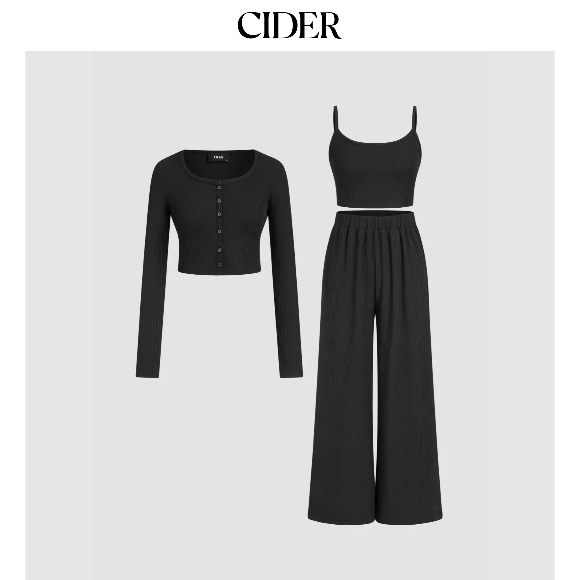 Cider [size 0-26] U-neckline Button Solid Cardigan & Crop Tank Top & Elastic Waist Trousers Matching Set
