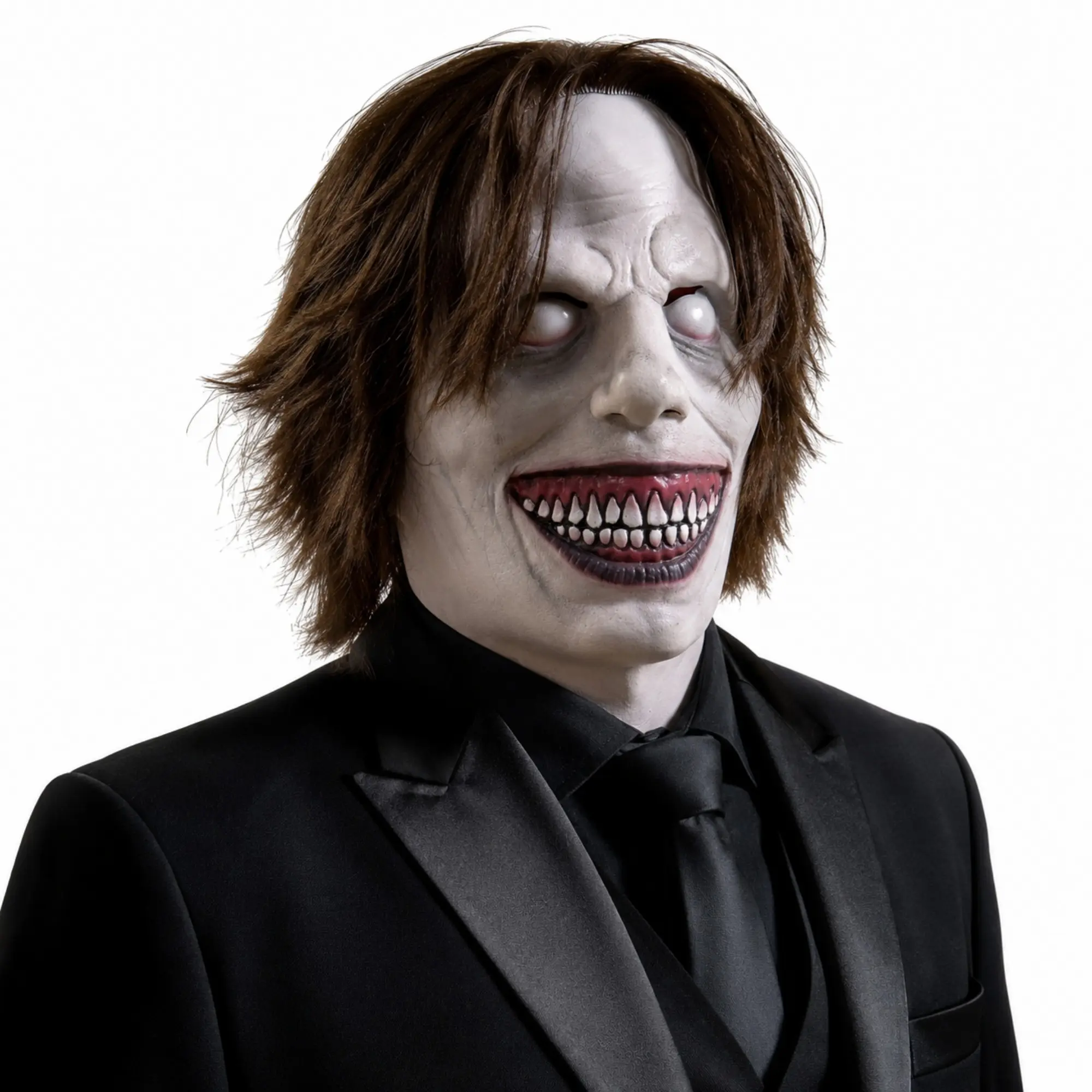 Exorcist Demon Mask with Hair, Scary Possessed Smiling Monster, Full Head Latex Mask, Halloween Horror Party Costume Props for Adults