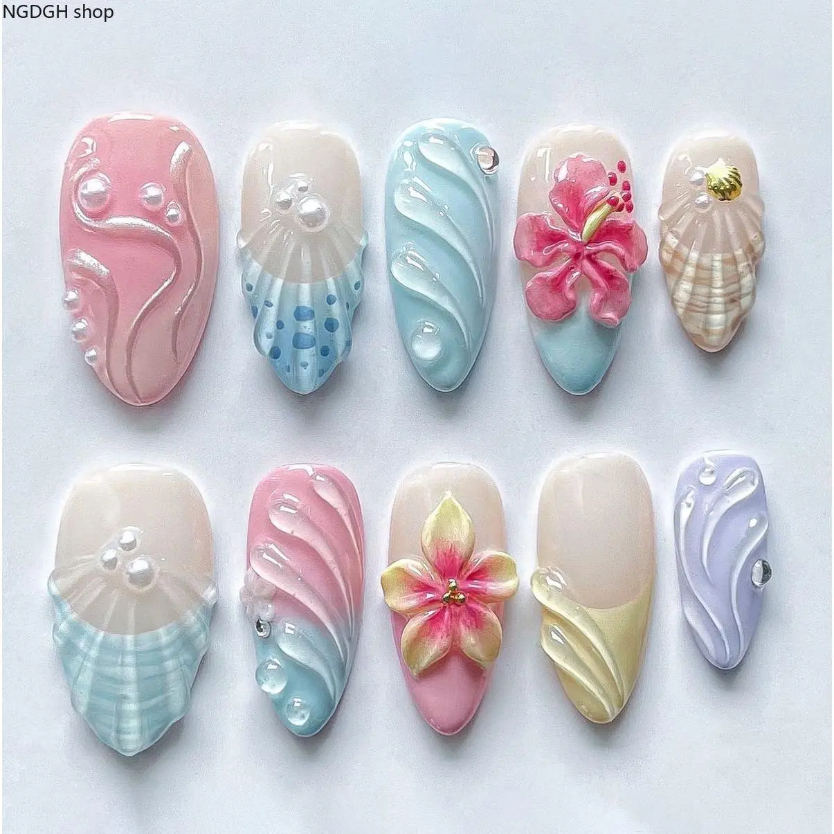 Press On Nails for Women, Long Almond Ocean Theme with 3D Flower Art, Pink and Blue Nail Art for Summer Party, Women Gift, Nail Press On Nails, Fake Nails