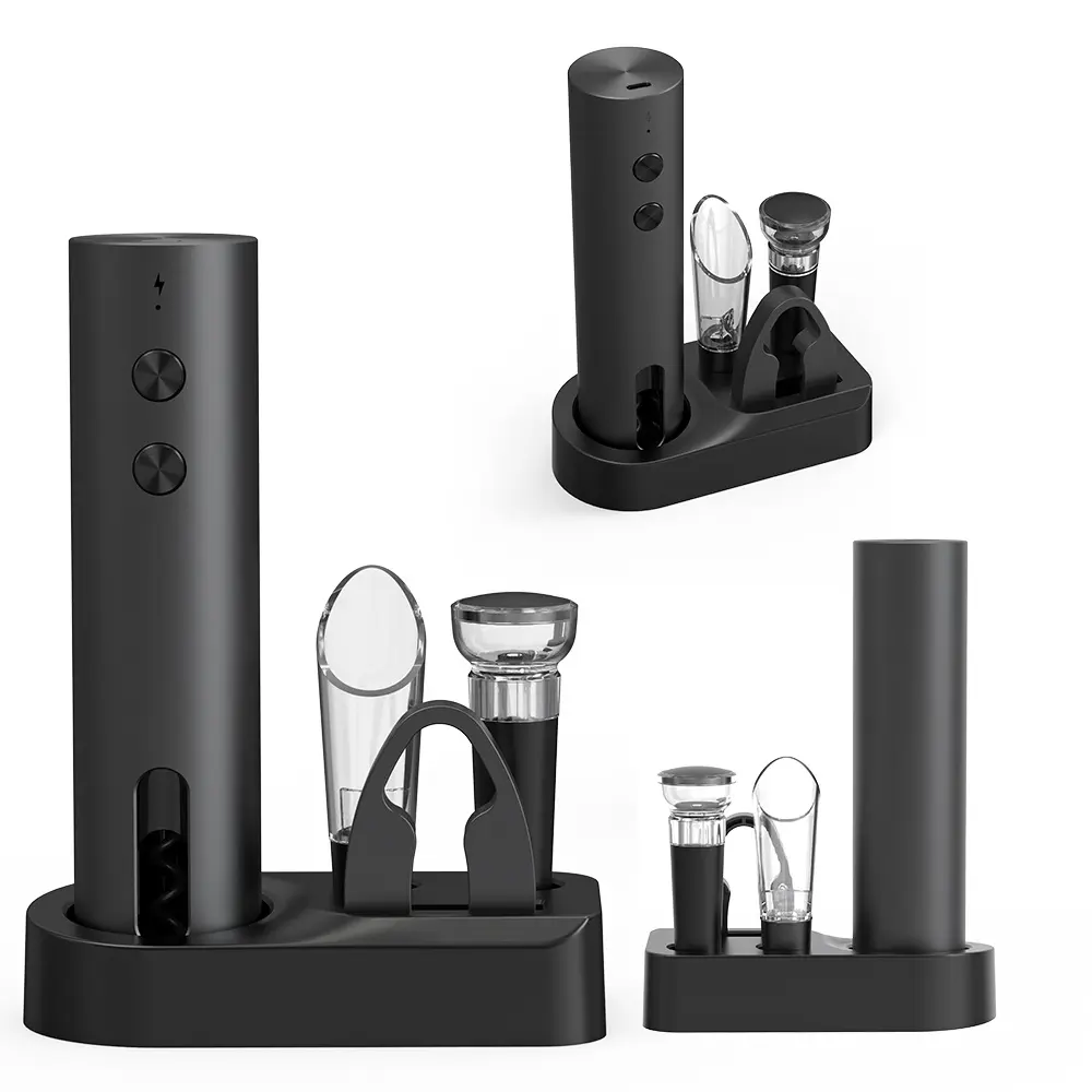 Electric Corkscrew With Storage Base/Aerator Pourer, Five-piece Wine Opener, Equipped With Built-in Lithium Battery, Convenient Charging Via TYPE-C Interface, Paired With A Stylish Base For Easy Storage, Wine Set Gift For Wine Lover - Black