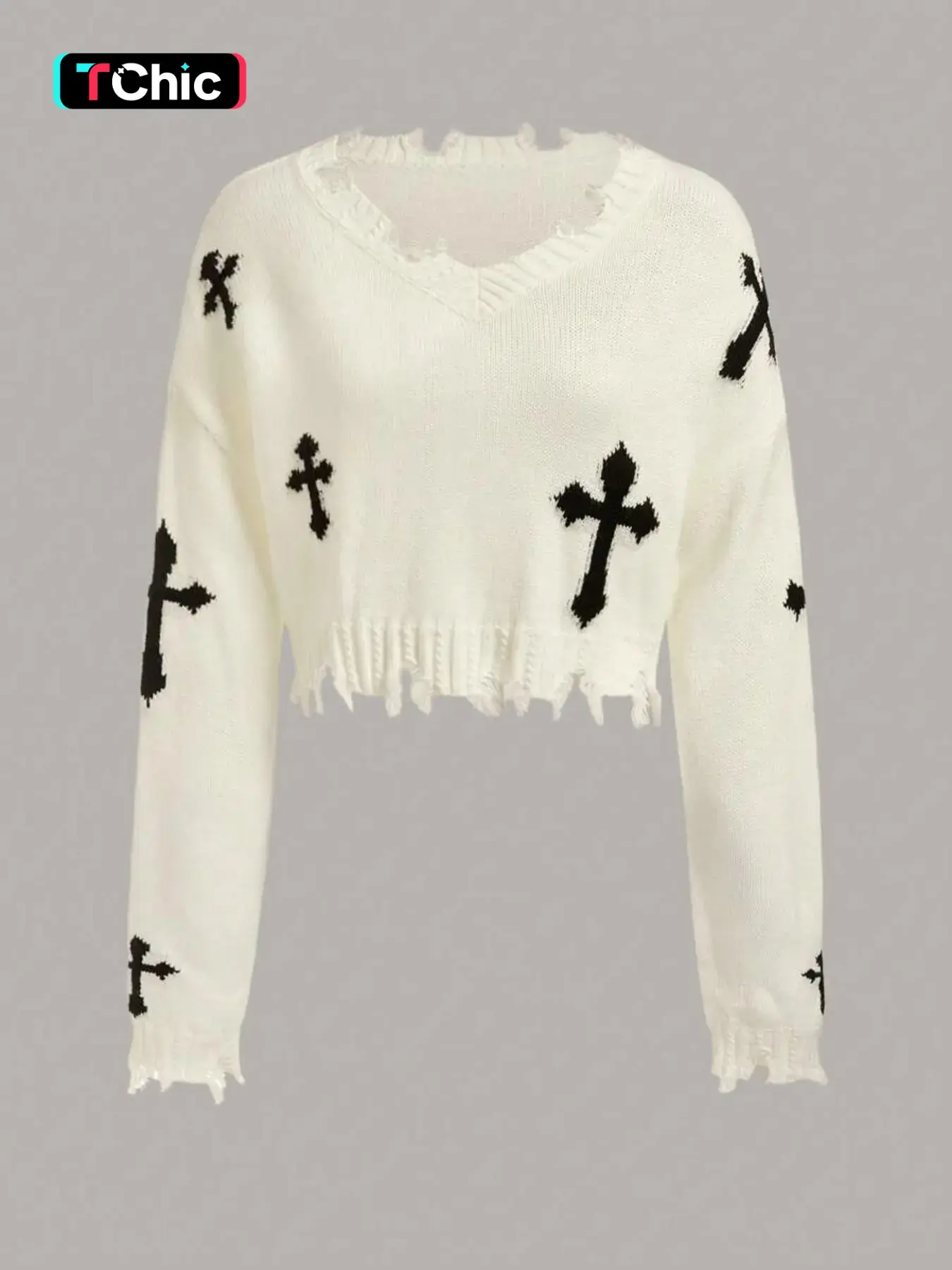 Women's Geometric Cross Print Ripped Drop Shoulder Loose Crop Sweater, Street Fashion Style Long Sleeve V Neck Jumper for Daily Outdoor Wear, Ladies Stretchy Knitwear for Spring & Fall Clothes, Casual Sweater for Women, Garment