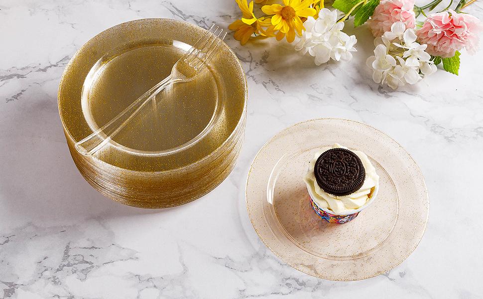 GOODLUCK 240PCS Gold Glitter Disposable Plates & Forks Set 120 Heavy-Duty 7 Dessert Plates 120 Plastic Forks for 120 Guests Perfect for Weddings Parties Baby Showers Events Decorations Supplies Birthdays