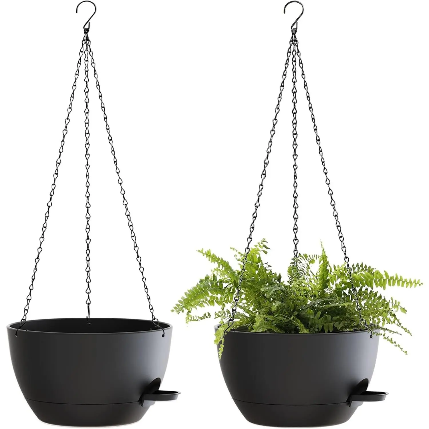 Black 2-Piece 12-Inch Self-Watering Plastic Hanging Baskets with Chains, Indoor/Outdoor Plant Containers, Planters