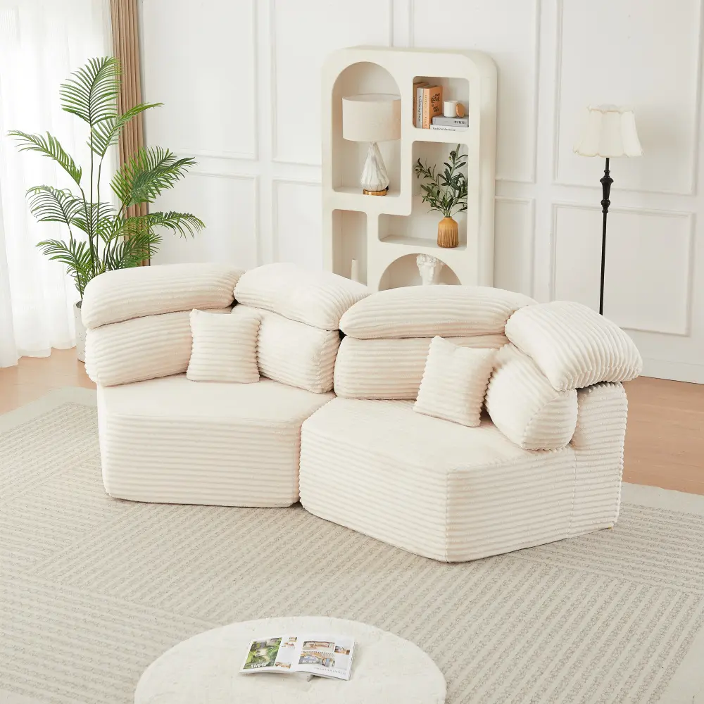 53" Corduroy Modular Lounge Chair, Pentagonal Single Seater Sofa with Enveloping Pillow & 3 Throw Pillows, Cozy Accent Chair for Living Room, Bedroom, Game Room
