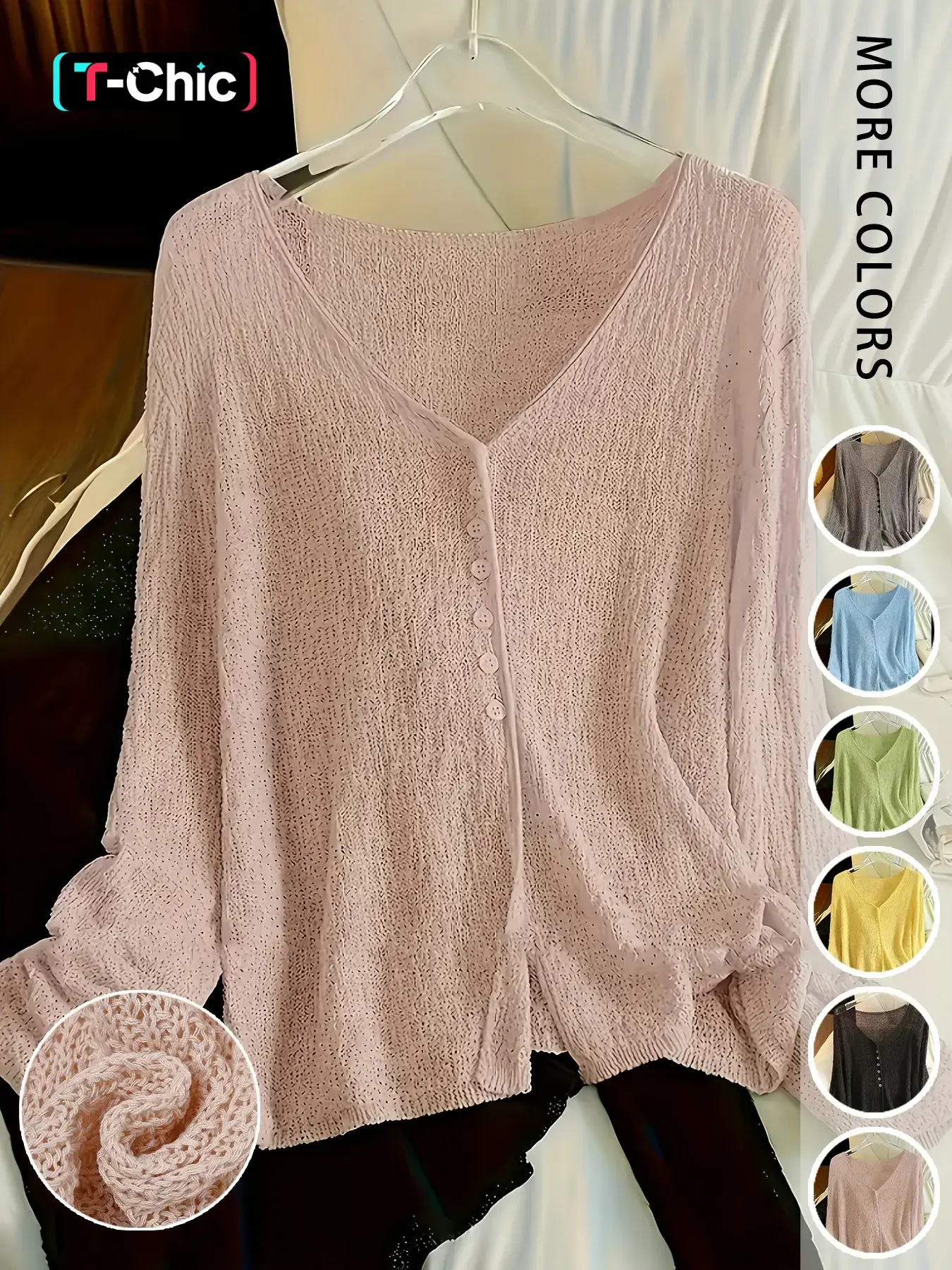 Loose Long Sleeve Sun Protection Knitwear Button Cardigan, Lightweight Breathable Summer Basic Casual Fitted Top, Layered Look for Lazy Style