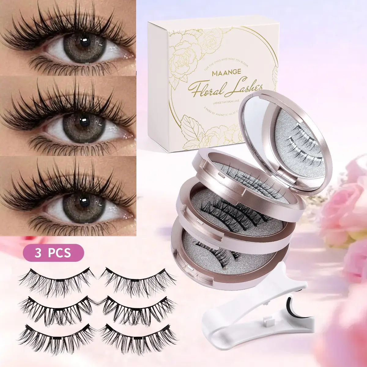 MAANGE 3 Pairs Magnetic Lashes, magnetic eyelashes set, 3 Styles D Curl Soft Natural False Eyelashes, No Glue & Reusable, Lightweight Comfortable with Applicator, Everyday Beauty Look, Easy to Wear & Remove, TikTok Viral Daily Magnetic Lashes