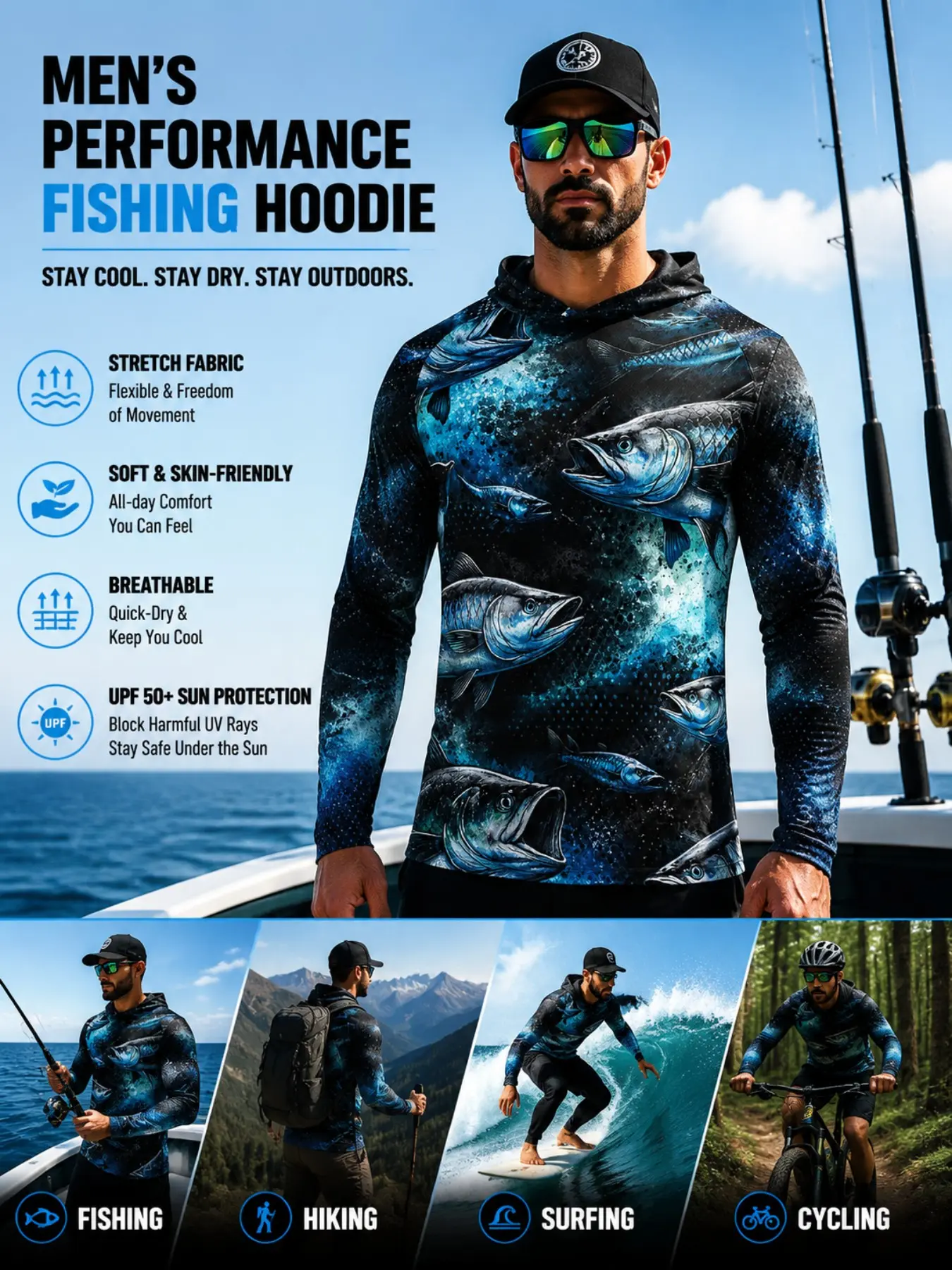 Men UPF 50+ Sun Protection Fishing Hoodie Tarpon Fish Print Long Sleeve Quick Dry Fishing Shirt Quick Dry Tops
