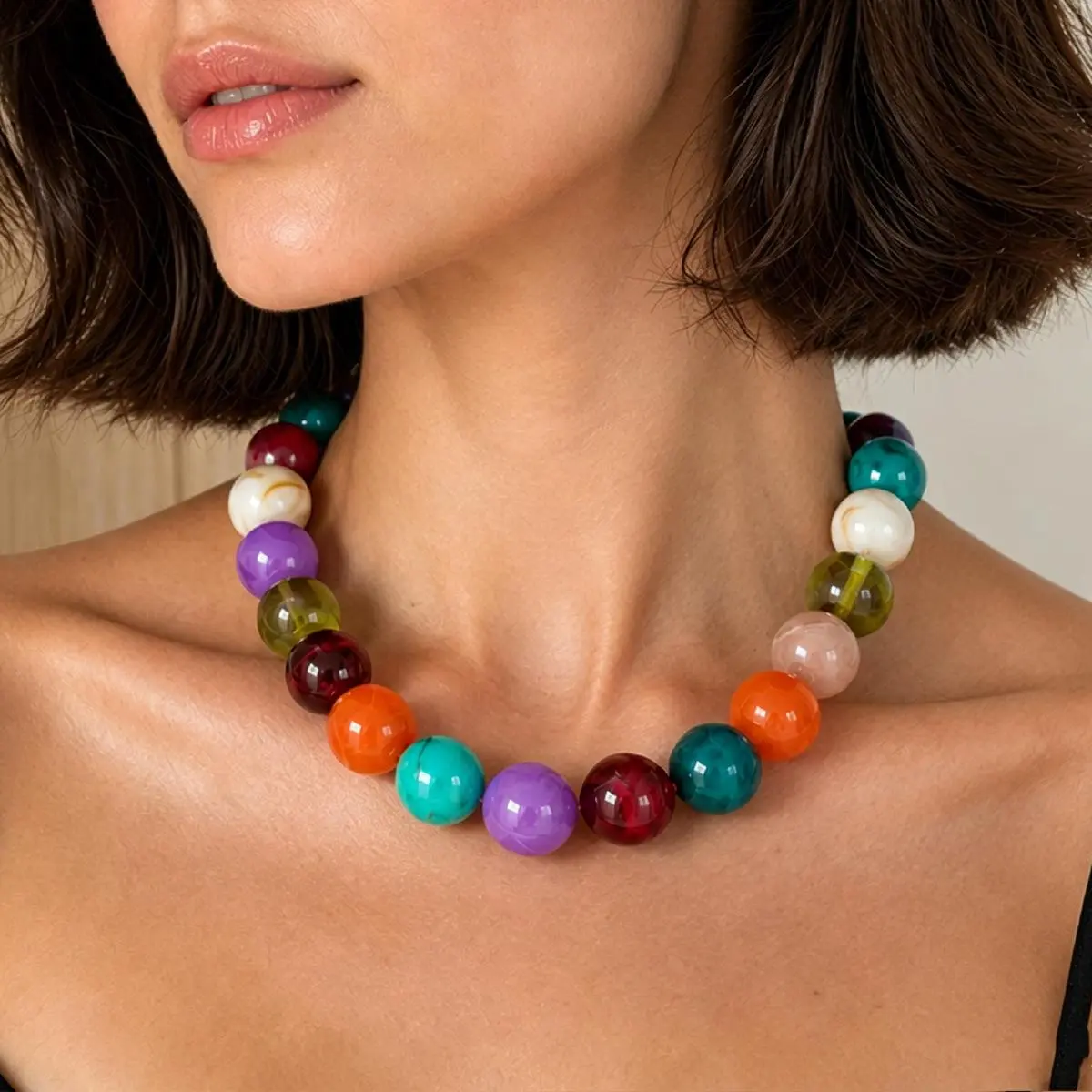 Back to School Supplies Chunky Multi Color Resin Beaded Statement Choker Necklace Y2K Aesthetic Retro Pop Baddie Jewelry Gift For Women