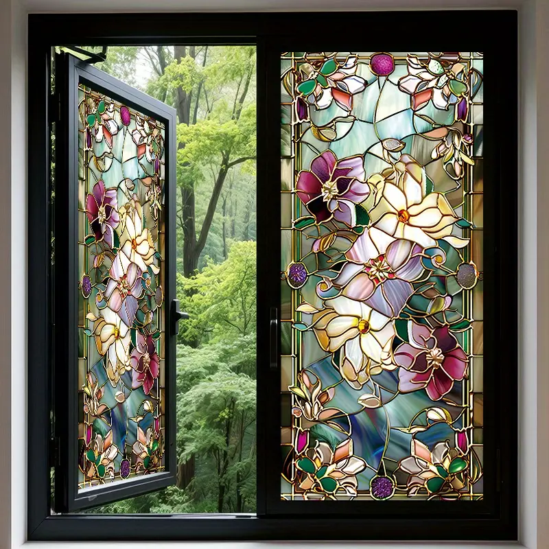 1 piece electrostatic privacy window film, featuring stained-glass floral pattern, comes with a removable protective liner, no glue required, heat-resistant, suitable for home windows and bathroom doors, Kitchen Bathroom Decoration