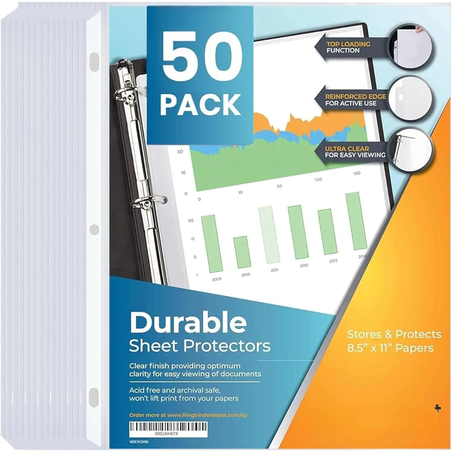 50-Pack Clear Sheet Protectors | 8.5 x 11 Inch Heavy Duty Plastic Sleeves | Top Loading Reinforced Hole Page Protectors | Archival Acid-Free Non-Glare for 3 Ring Binders Documents Photos