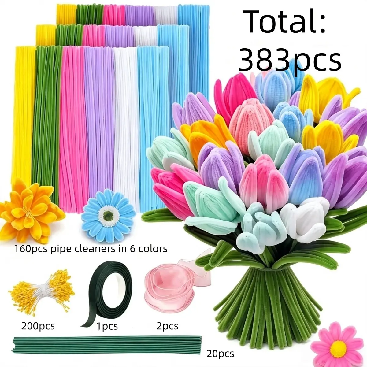383pcs Colorful Bouquet, Decorative Flowers Handmade Set, Pipeline Cleaner Flower Material Making with Tutorial Video, including purple, pink, blue colored stems, suitable for birthdays, Mother's Day, graduation ceremonies, Valentine's Day gifts