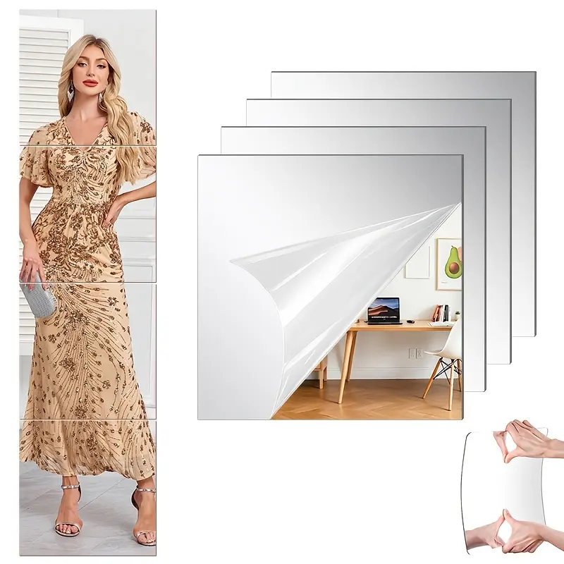4pcs Splicable Acrylic Full Length Mirror, Self-Adhesive 9.84X11.81inch Square Acrylic Mirror Tiles, Spliced Full Body Wall Mirror, Shatterproof Frameless Flexible Wall Mirror Stickers for Apartment Bedroom Gym Dance Studio Home Wall Decor