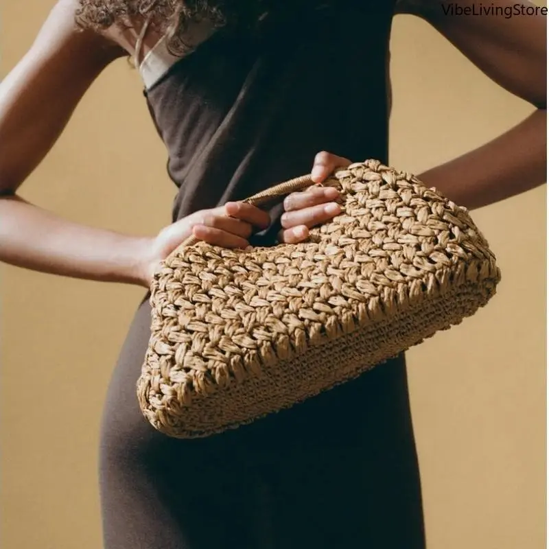 Women's Handmade Raffia Knit Clutch Bag - Funky, Cute, Romantic, Glamorous, Ethnic, Auspicious, Lightweight Straw Pouch with Polyester Accents for Beach Vacation, Casual & Business Use, Daily, Evening Clutch Bag, Bohemian Casual Purse, Elegant Clutch