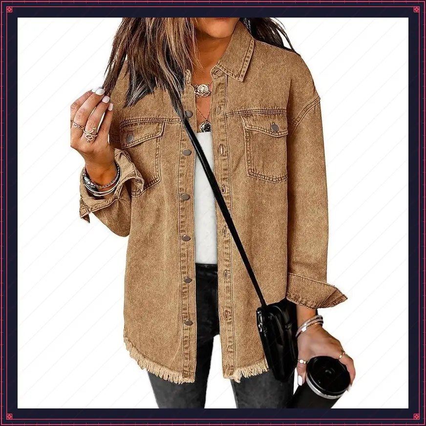 Denim Jacket for Women Oversized Button Down Casual Jean Shacket Jackets Long Sleeve Frayed Hem Western Trendy