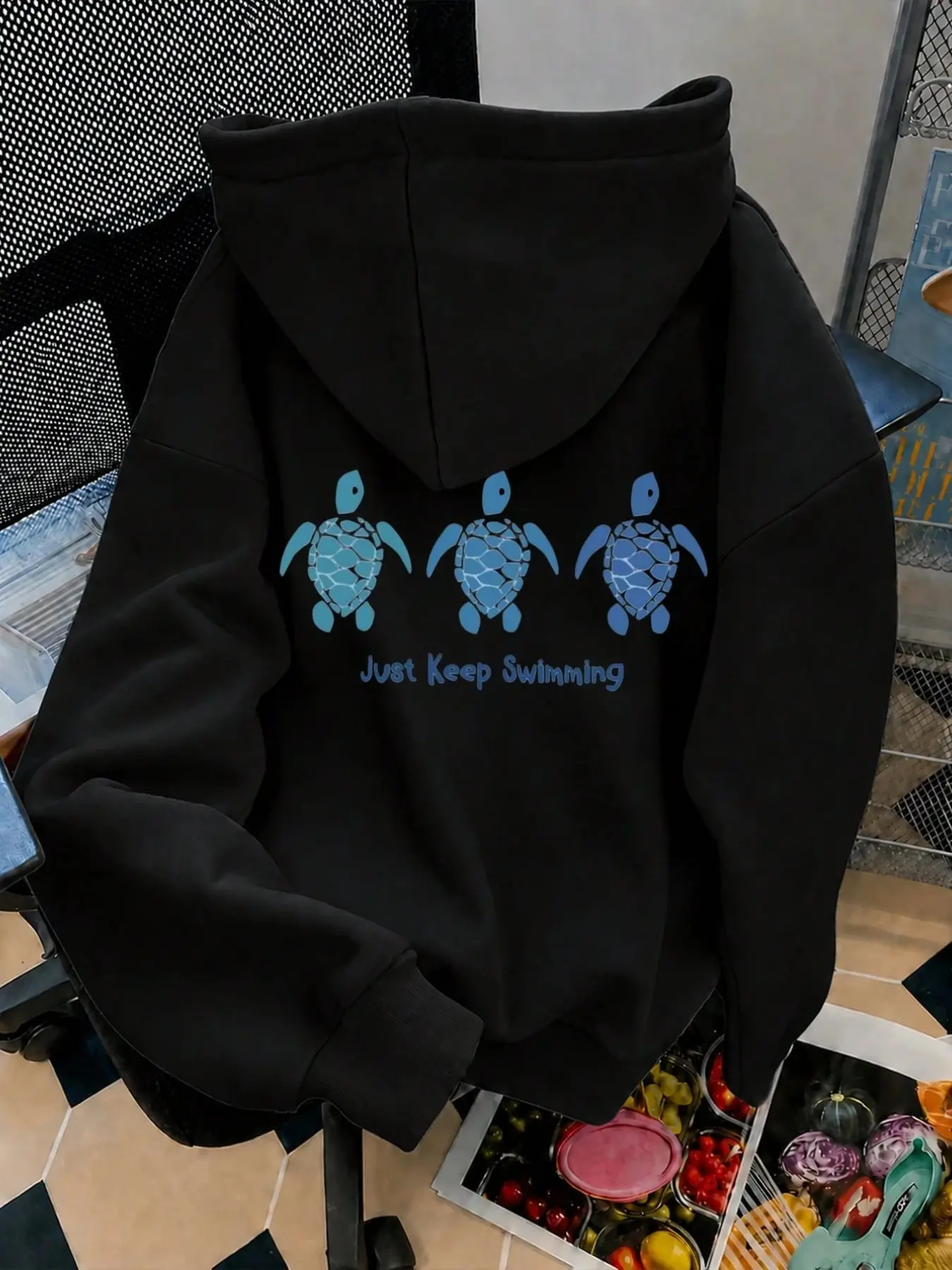 Loose Hoodie with Gradient Blue Turtle Print, Inspirational Quote, Slim Fit, Soft Fabric, Casual Streetwear, Spring & Fall Top, Hoodie Print Hoodies