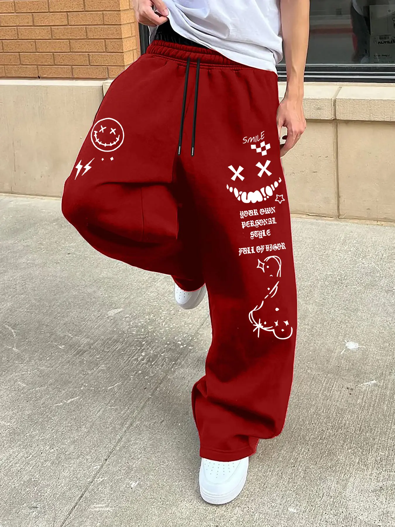 Men's Trendy Straight Leg Sweatpants, Drawstring Waist, Side Pattern Print, Comfortable Casual Wear for Fall & Winter
