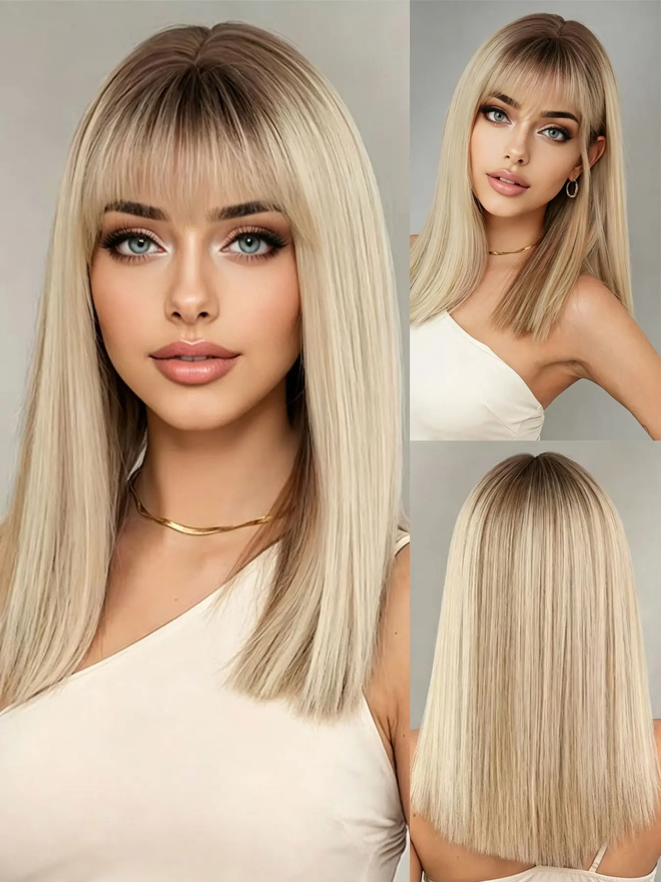 18Inch Highlight Medium Length Linen Blonde Wig Mixed Synthetic Soft Hair Straight Brown Wig With Bangs Dark Roots High Density Fluffy Natural Heat Resistant Fiber Wigs For Women Daily Party Four Seasons Use