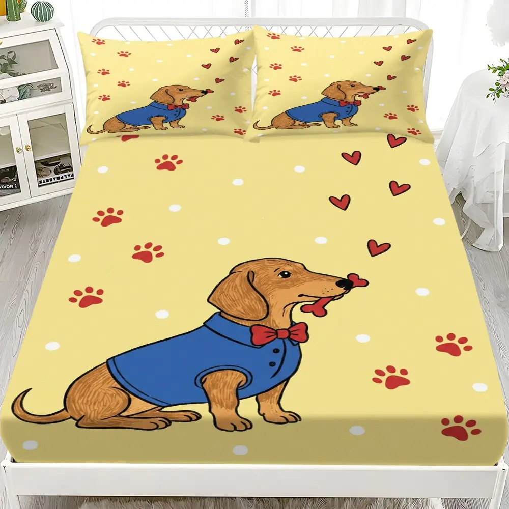 3-Piece Set 2D Flat Print Bed Sheet, Weiner Dog Design, Bedroom Decor, Includes 1 Bed Sheet + 2 Pillowcases, No Core, 2D Flat Style