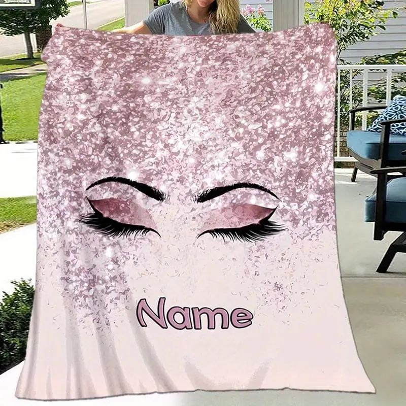Personalized Soft Flannel Blanket with Custom Name, Eyelash Design & Personalised Text Printing - Bedspread or Travel Throw, Machine Washable Travel Gift, 39.37x29.53in/100x75cm 2D Flat, Travel Gifts