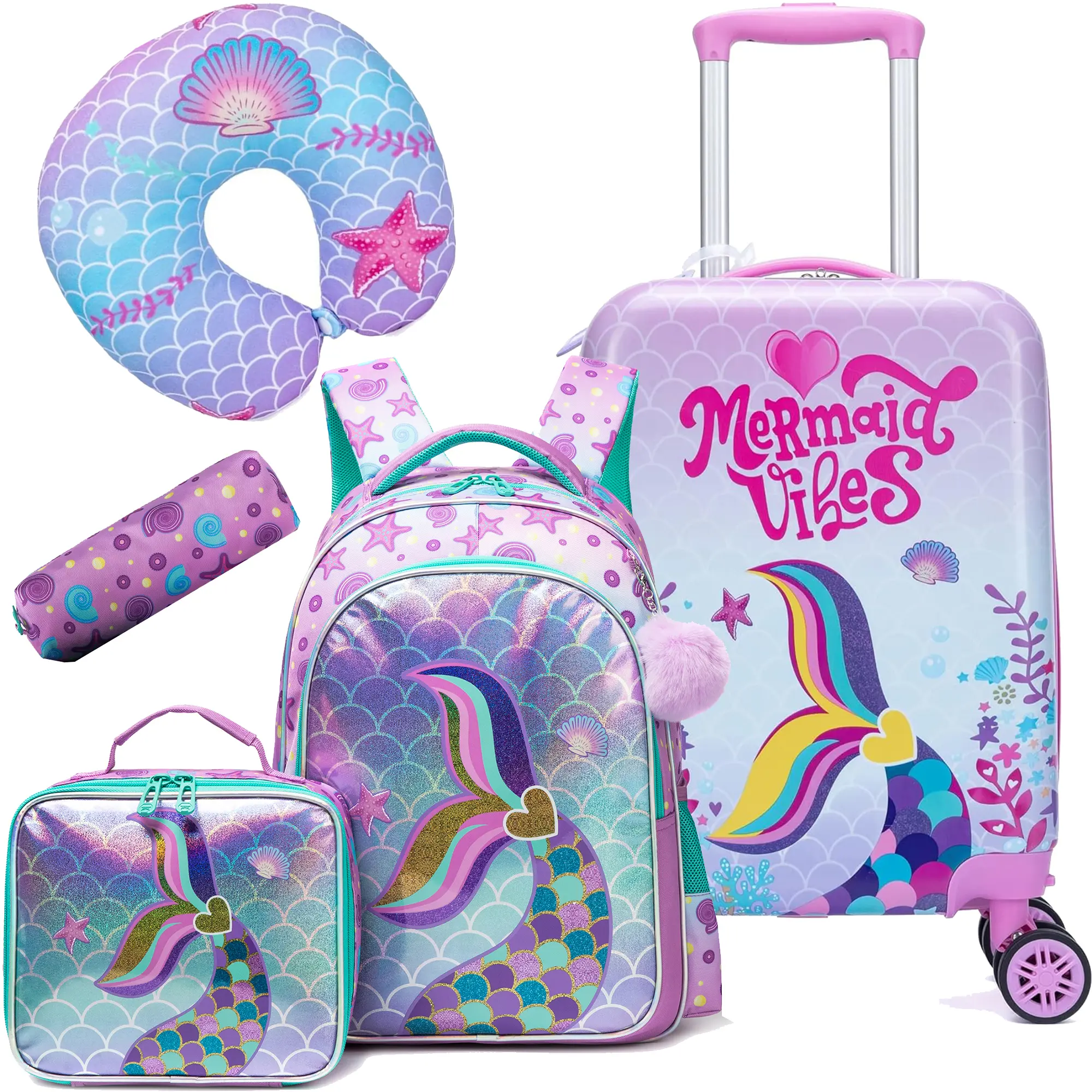5 Piece Kids Hardside Spinner Luggage Set | Glitter Mermaid Vibes Carry On Suitcase with Backpack Lunch Bag Pencil Case & Neck Pillow for Girls | Travel Gear 2026