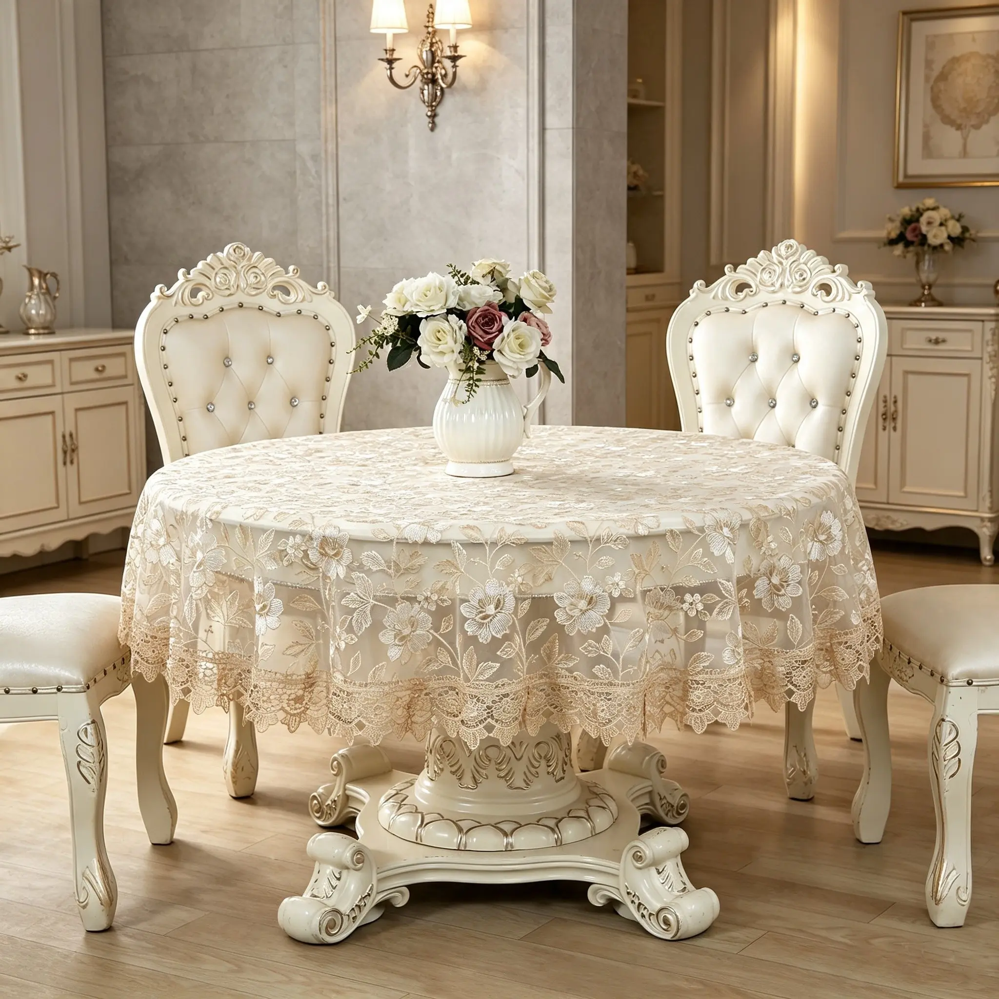 French Champagne Floral Embroidered Lace Tablecloth, Transparent Sheer Round Table Cover, American Country Living Room Decor, Wedding Party Table Mat, Charming, Home Decor, Versatile Use, Rustic, Floral Embroidery, Elegant, Round Shape
