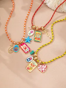 3Pcs Boho Tropical Braided Cord Hanging Neck Twist Necklaces with Colorful Enamel Charms - Starfish, Chilli, Bow, Crab & Beach Print Charm Pendant Necklaces, Colorful Summer Layered Jewelry for Women