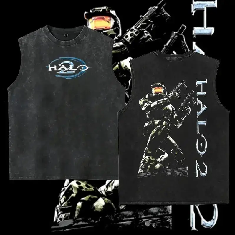 Halo 2 Vintage Washed Heavyweight Cotton Mens Oversized Seamless Crew Neck Graphic Print Sleeveless Tank Top, Retro Urban Streetwear, Soft Breathable Fabric, Casual Daily Outfit, Pop Culture Game Fan Clothes
