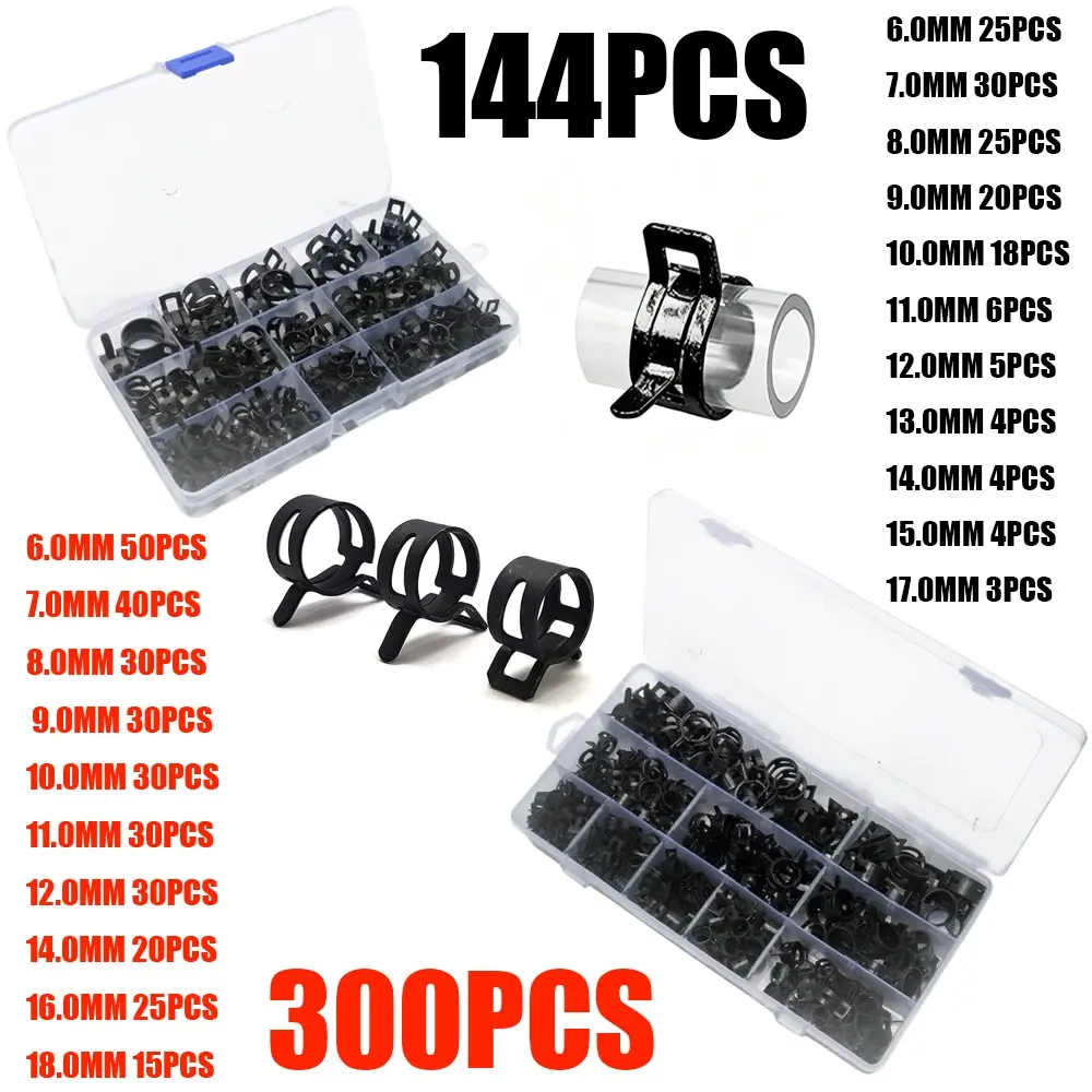 144/300pcs Boxed Elastic Clamps, Steel Band Spring Hose Clips, Japanese Style Metal Fasteners, Oil Pipe Clips, Car Tube Clips, Dacromet