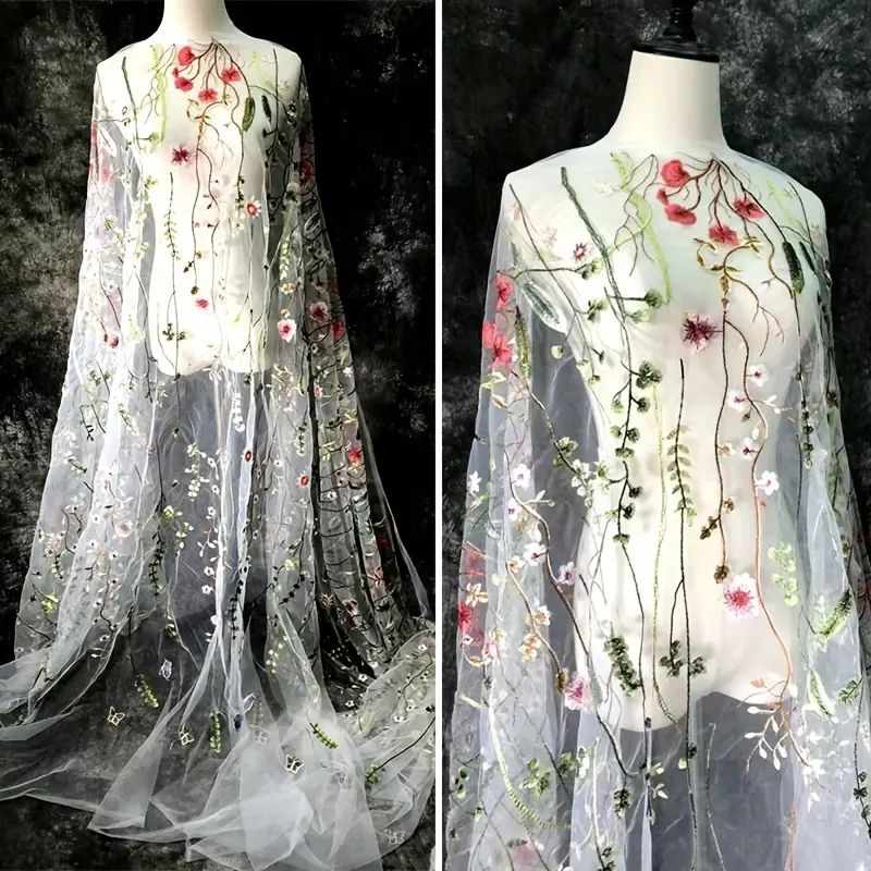 Vintage Vine-Floral Embroidered Sheer Tulle Fabric, Romantic Red Wildflower Mesh Cloth for Wedding Gown, Bridal Veil