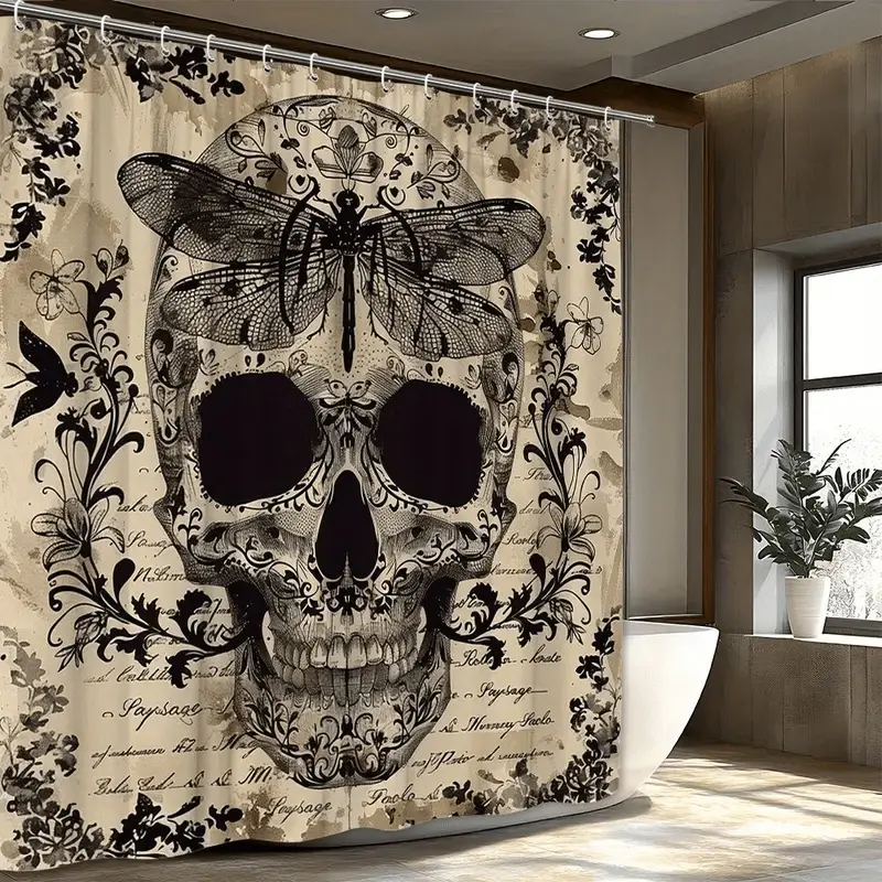 Gothic Skull Floral Decorative Shower Curtain, Easy Clean, Includes 12pcs Hooks, Bathroom Decor, Halloween Toilet Decoration, Home Decor