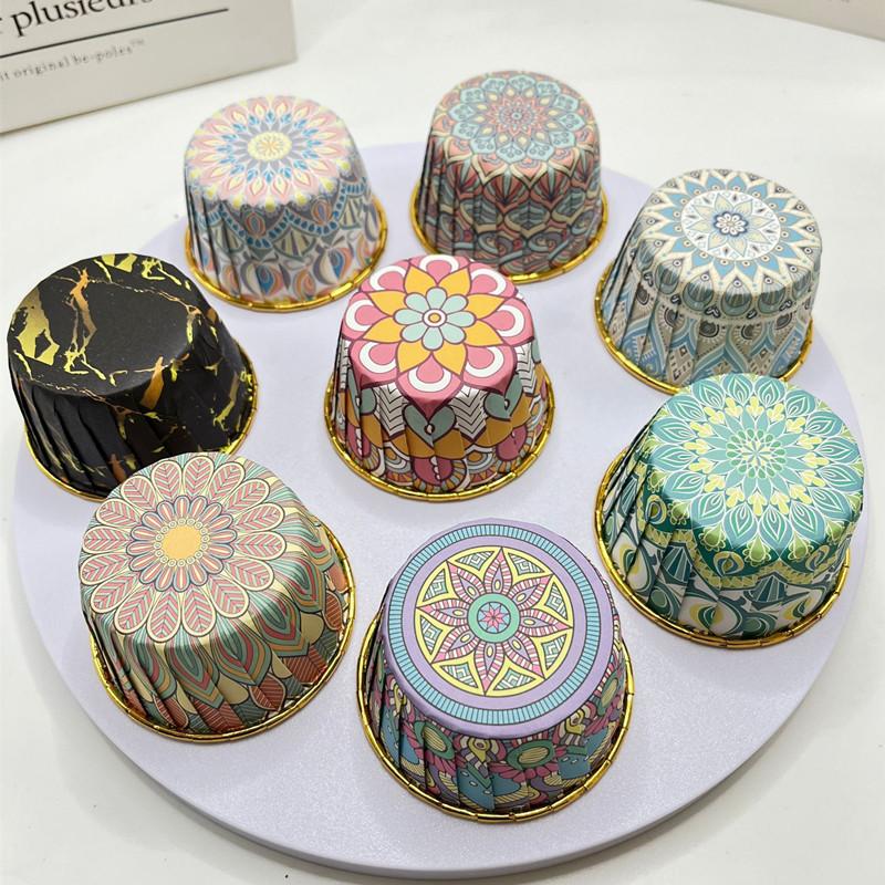 For Weddings, Birthdays, Holiday Parties & Baking Lovers, Baking Dessert Serving & Decoration Solution, 50 Pcs Bohemian Cupcake Cups with Lids, Disposable Aluminum Foil Containers, Mandala & Geometric Patterns, Effortlessly Create Boho Style Baking Table