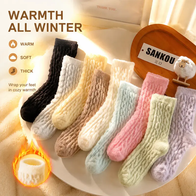 5 Pairs Coral Fleece Socks for Women, Soft & Thick Plain Calf Length for Daily Wear & Winter Warmth, Ideal Christmas Gift, Lady, Basic, Mixed Color-5 Pairs, Adults, All Seasons, Cold Wash