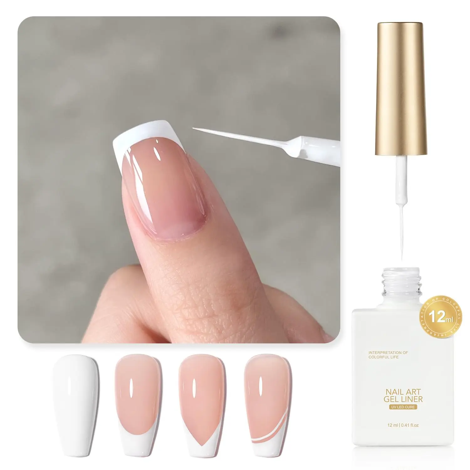 White Swirl Gel Nail Polish Art Liner, 12ml Classic Color Nail Paint Design with Thin Brush, UV Light Cure for DIY French Manicure at Home